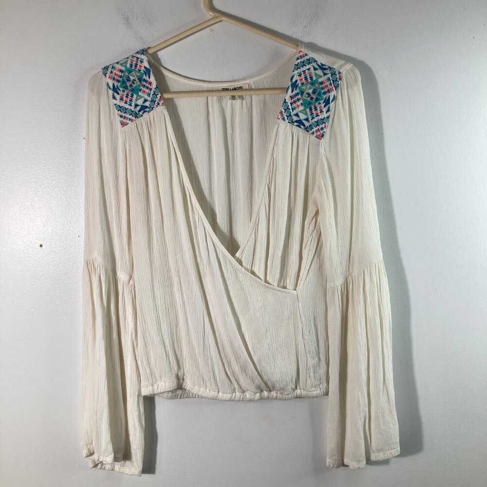 Womens Billabong Faux Wrap Embroidered Rayon Blouse Bell Sleeve‎ S